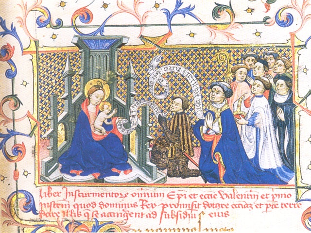 Miniatura del siglo XV. Jaume I ofrece la iglesia valenciana a la Virgen del Puig.