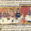 Banquete de Jaume I con Pere Martell  para la conquista de Mallorca (Crónica, siglo-XIV)