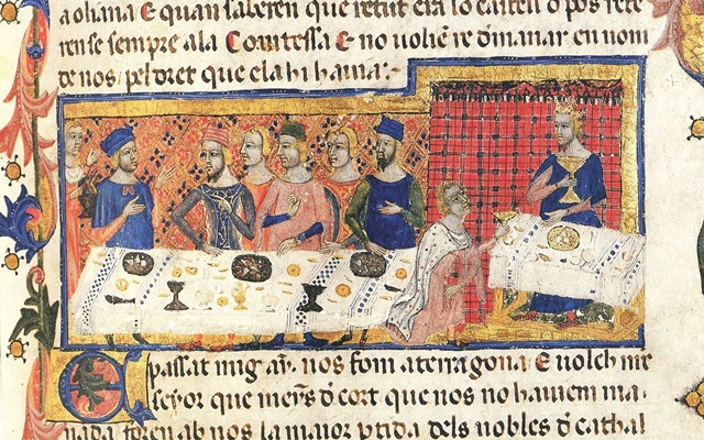 Banquete de Jaume I con Pere Martell para la conquista de Mallorca - Crónica del siglo XIV.
