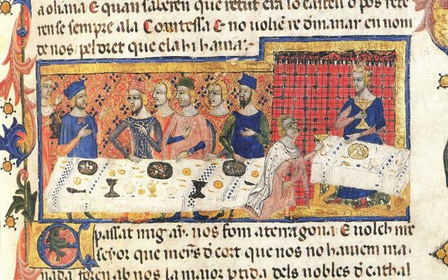 Banquete de Jaume I con Pere Martell para la conquista de Mallorca - Crónica de Jaume I